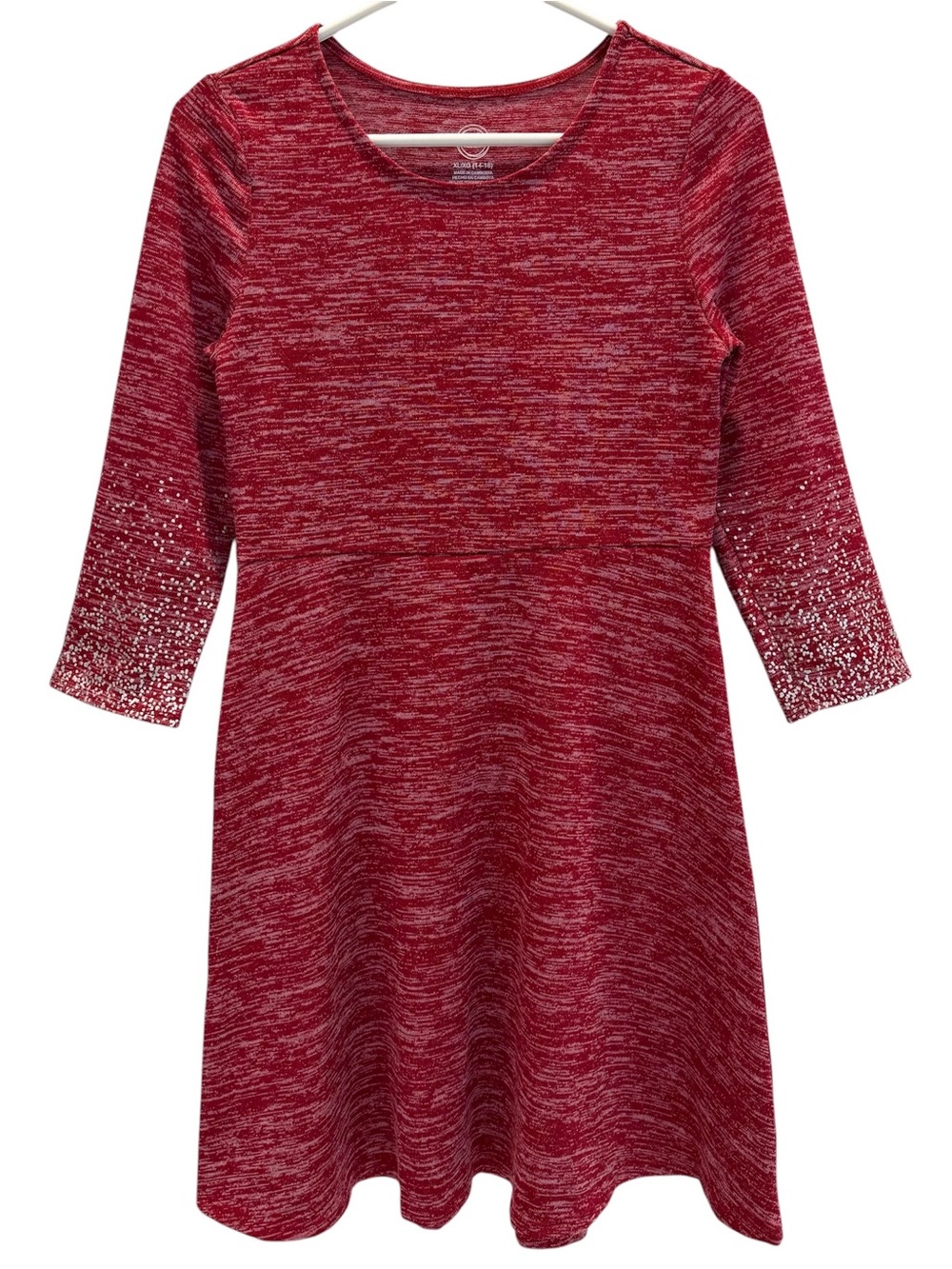 Wonder Nation Girls XL 14-16 Dress Red Marled Shimmer Dot Sleeves Knit A-Line